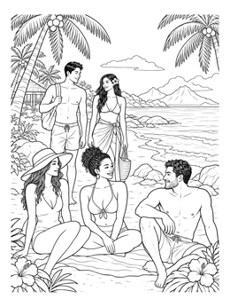 A group of friends enjoys the coast on this paradise coloring page with palm trees and ocean views.