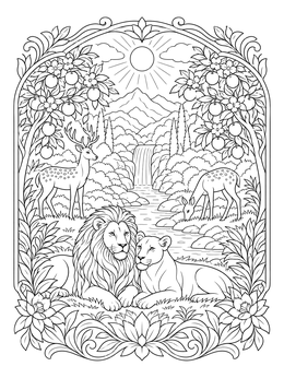 A serene paradise coloring page featuring lions resting near deer and a scenic river with mountains.
