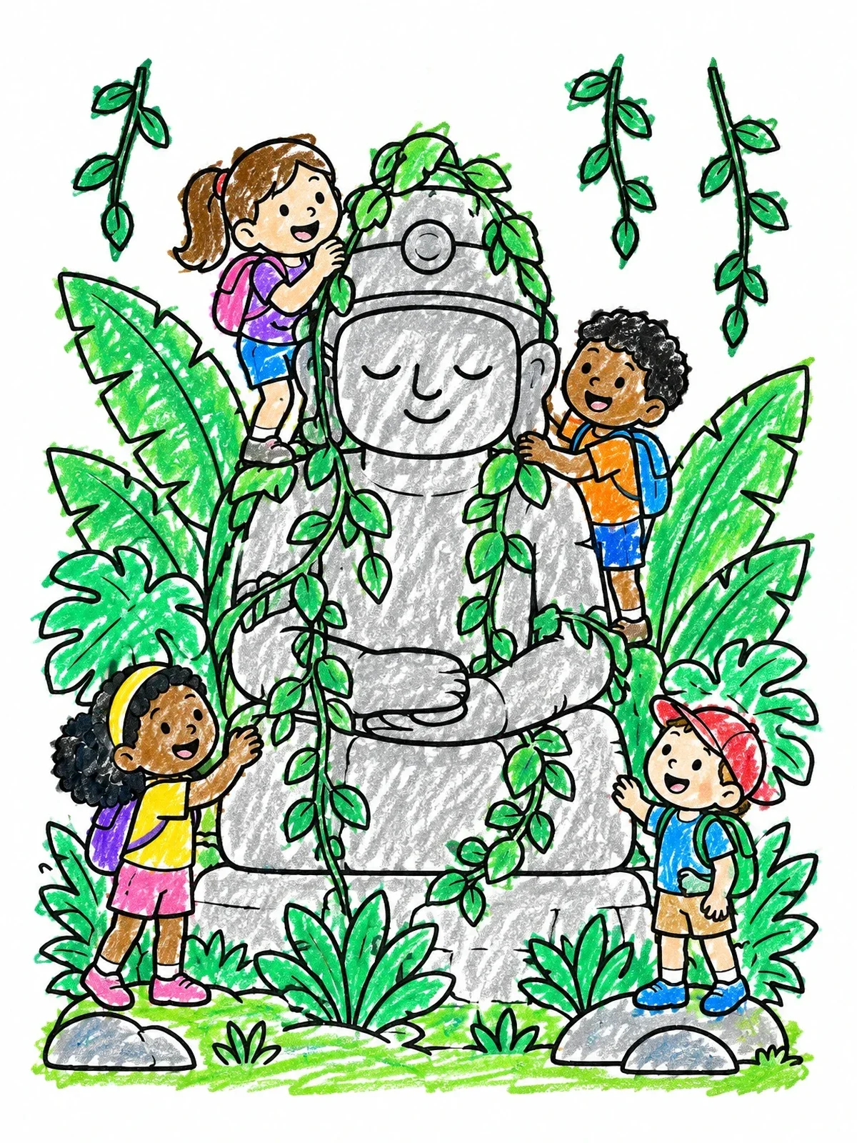 Colored example of the Kids Exploring A Jungle Stone Statue coloring page