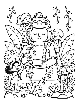 Free printable Kids Exploring A Jungle Stone Statue coloring page