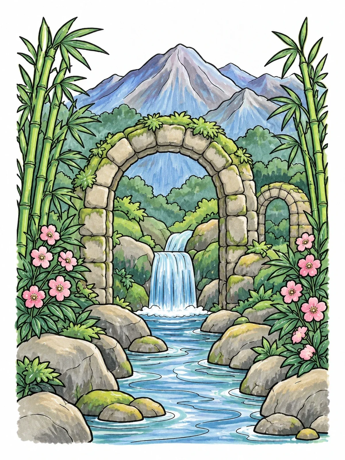 Colored example of the Mountain Stream And Stone Arches coloring page