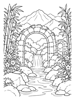 Free printable Mountain Stream And Stone Arches coloring page