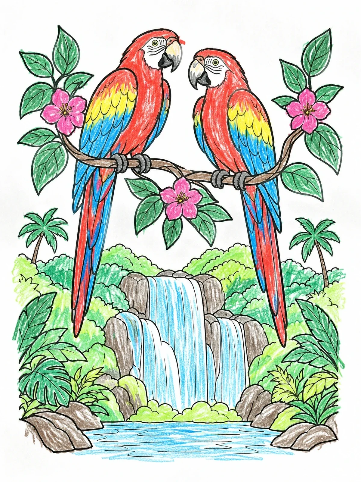 Colored example of the Parrots Over A Jungle Waterfall coloring page