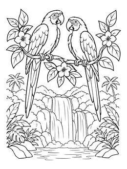 Two macaws on a flowering branch above a waterfall in this paradise coloring page.