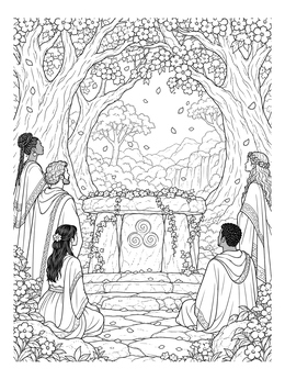 People gather near an ancient stone altar in this paradise coloring page.