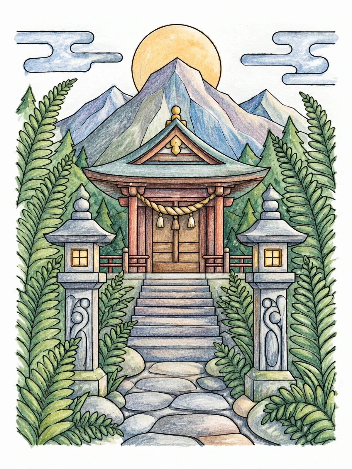 Colored example of the Serene Mountain Shrine With Lanterns coloring page