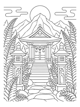 A serene mountain shrine with stone lanterns and ferns in this paradise coloring page.