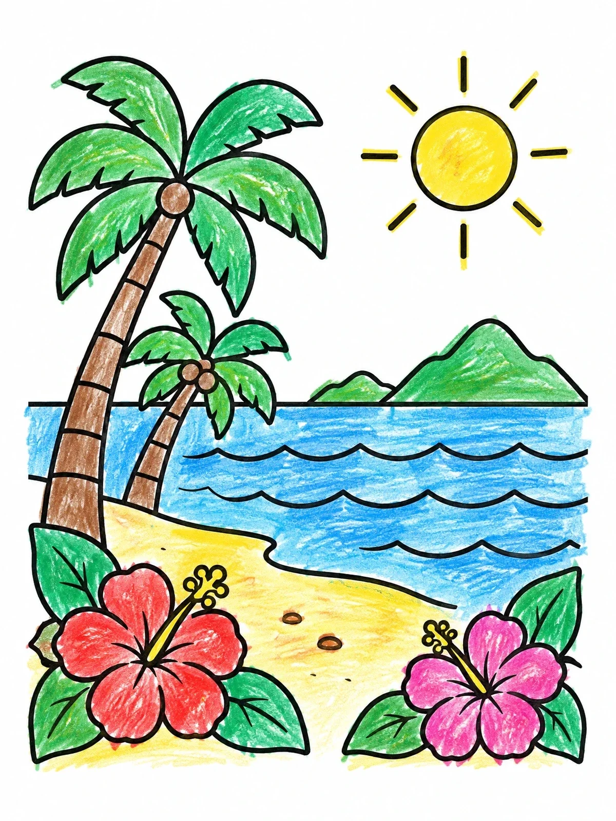 Colored example of the Sunny Tropical Island Beach coloring page