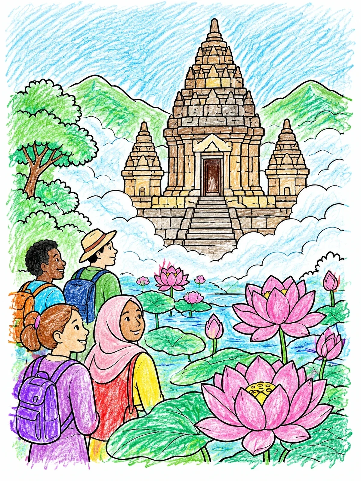 Colored example of the Travelers At Ancient Lotus Temple coloring page