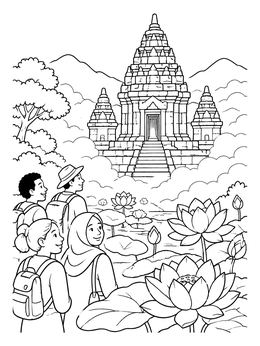 Free printable Travelers At Ancient Lotus Temple coloring page