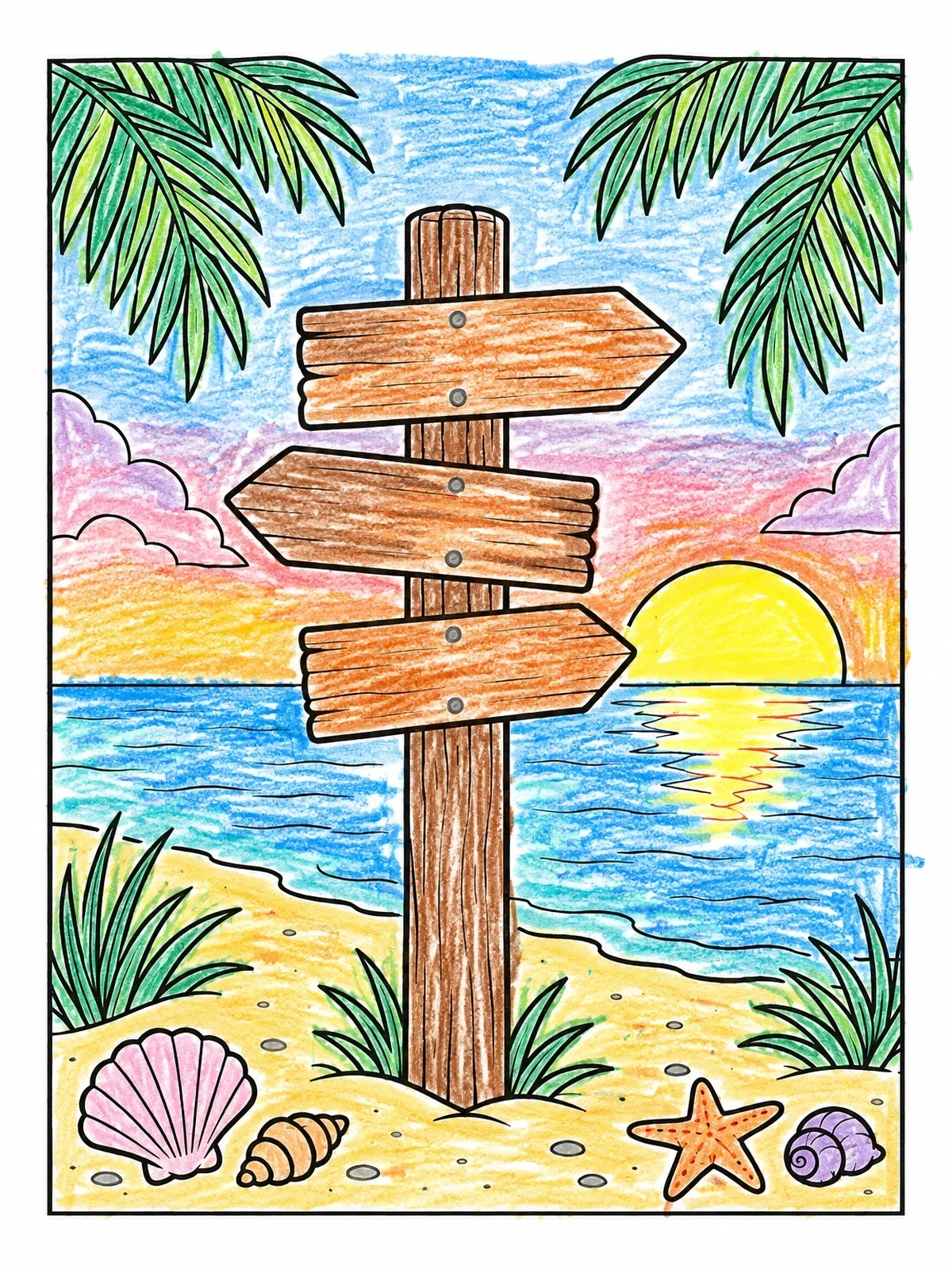 Colored example of the Tropical Beach Wooden Direction Sign coloring page