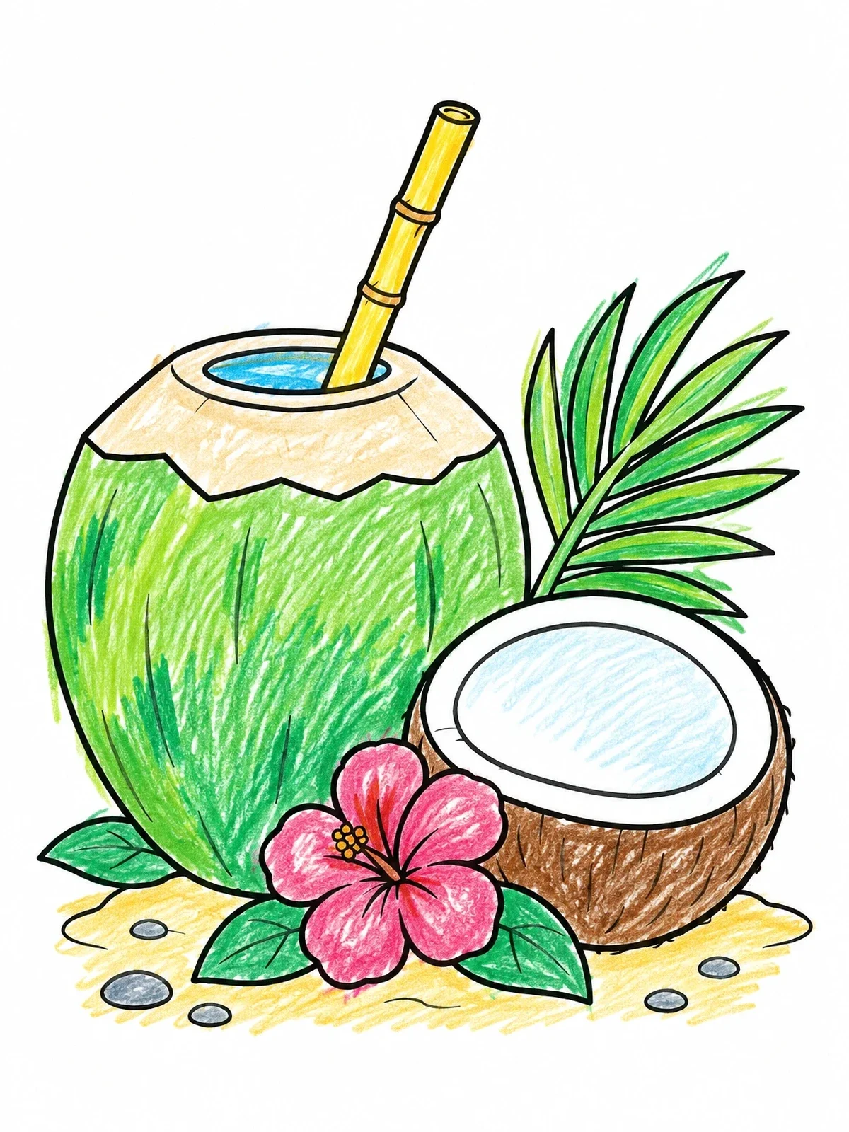 Colored example of the Tropical Coconut Drink And Hibiscus coloring page