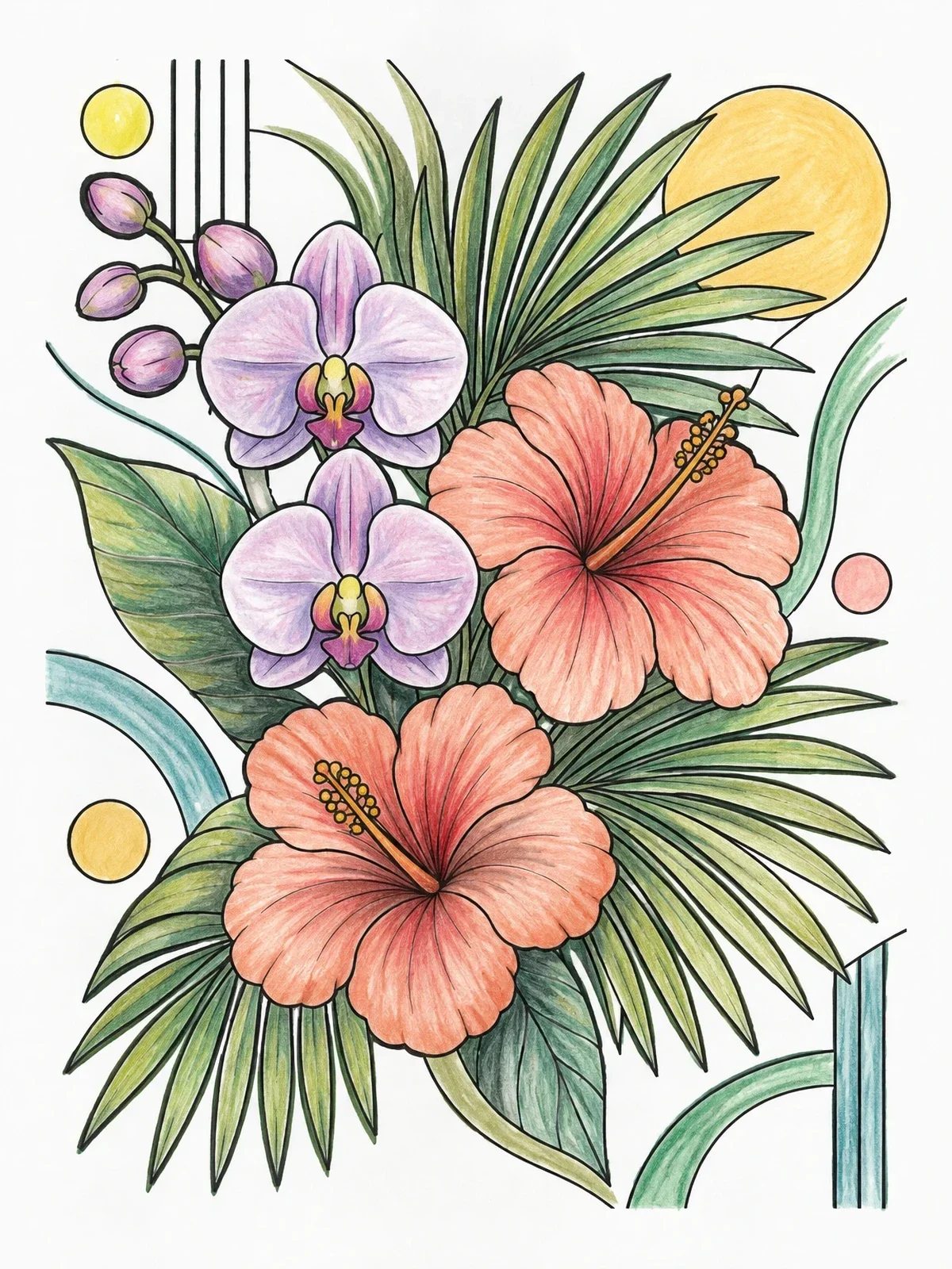 Colored example of the Tropical Hibiscus And Orchid Blossoms coloring page