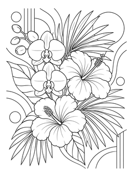 Tropical flowers on this paradise coloring page feature orchids, hibiscus, and palm fronds.