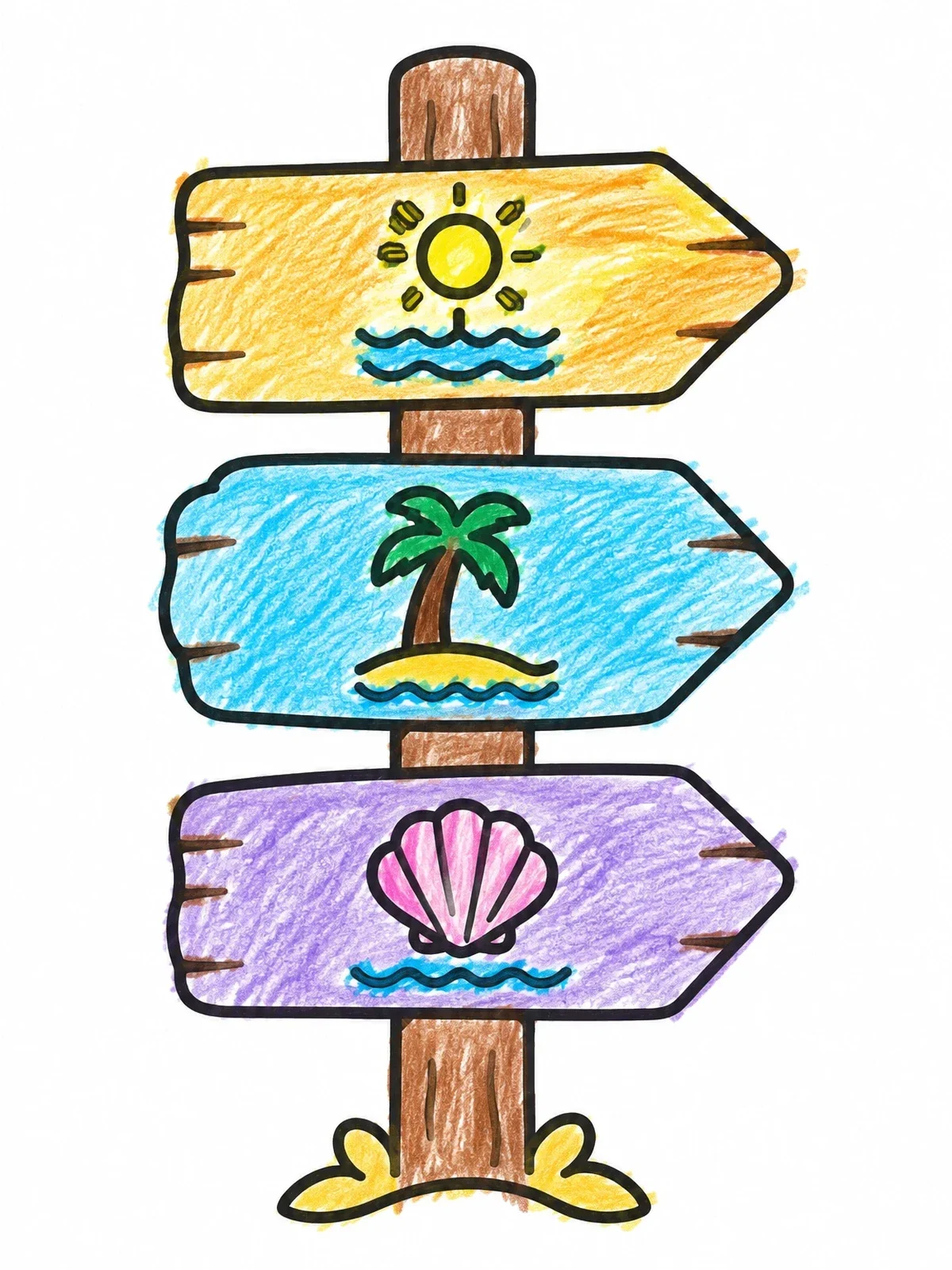 Colored example of the Tropical Island Wooden Direction Sign coloring page