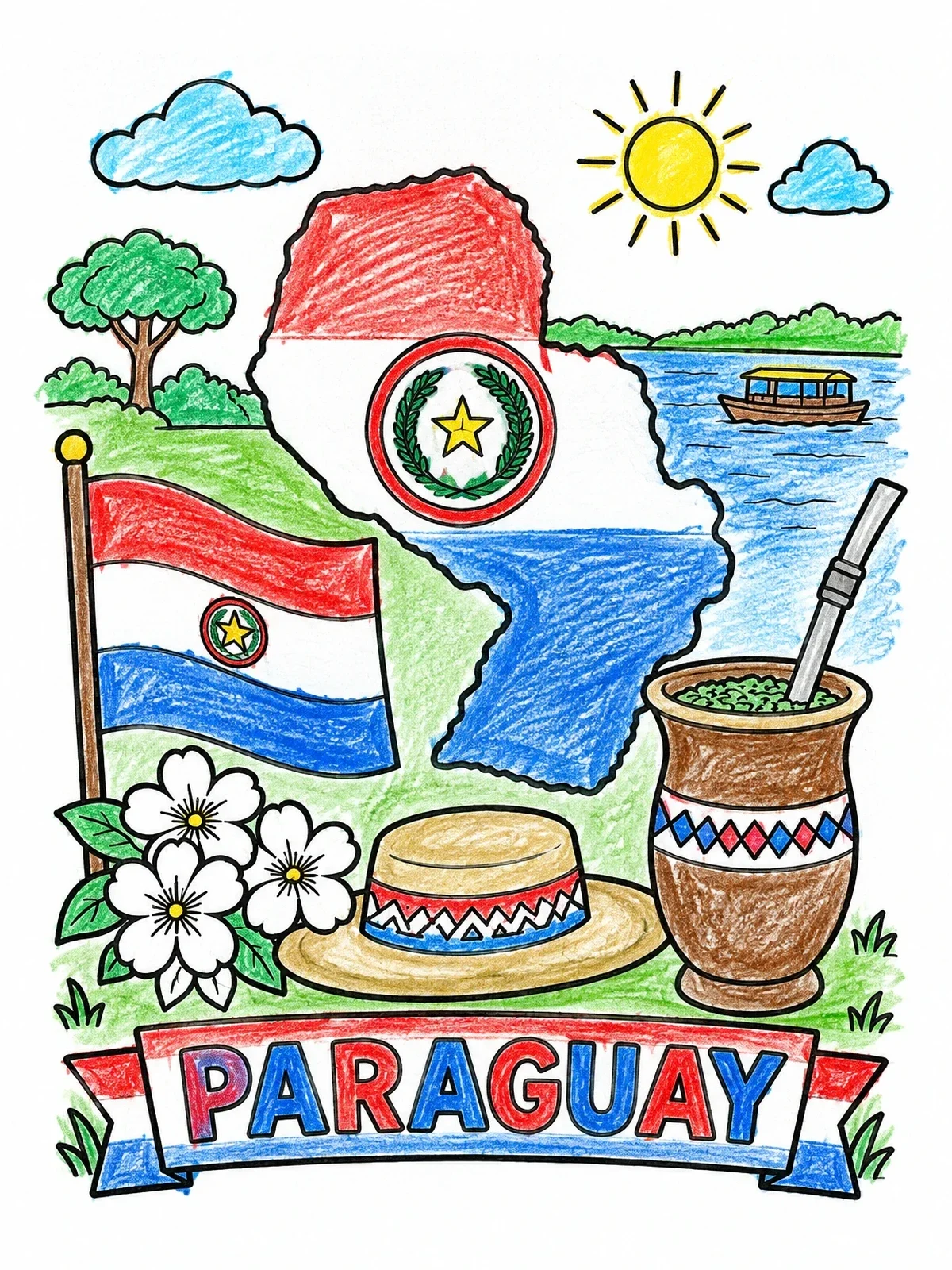 Colored example of the Paraguay Map And National Symbols coloring page