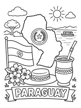 Free printable Paraguay Map And National Symbols coloring page
