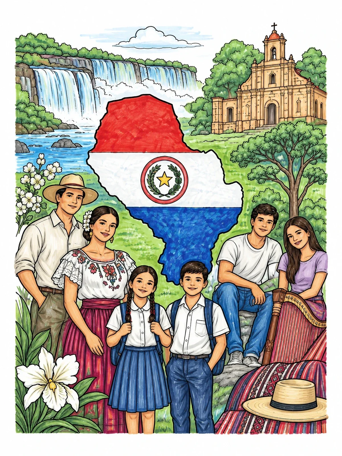 Colored example of the Paraguay Map, Culture, And Family coloring page