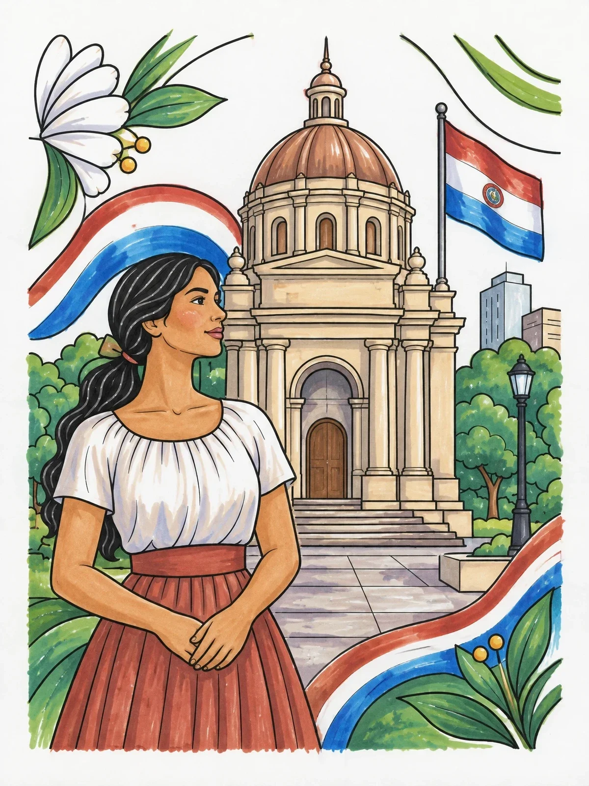 Colored example of the Paraguayan Woman And Panteon Nacional coloring page