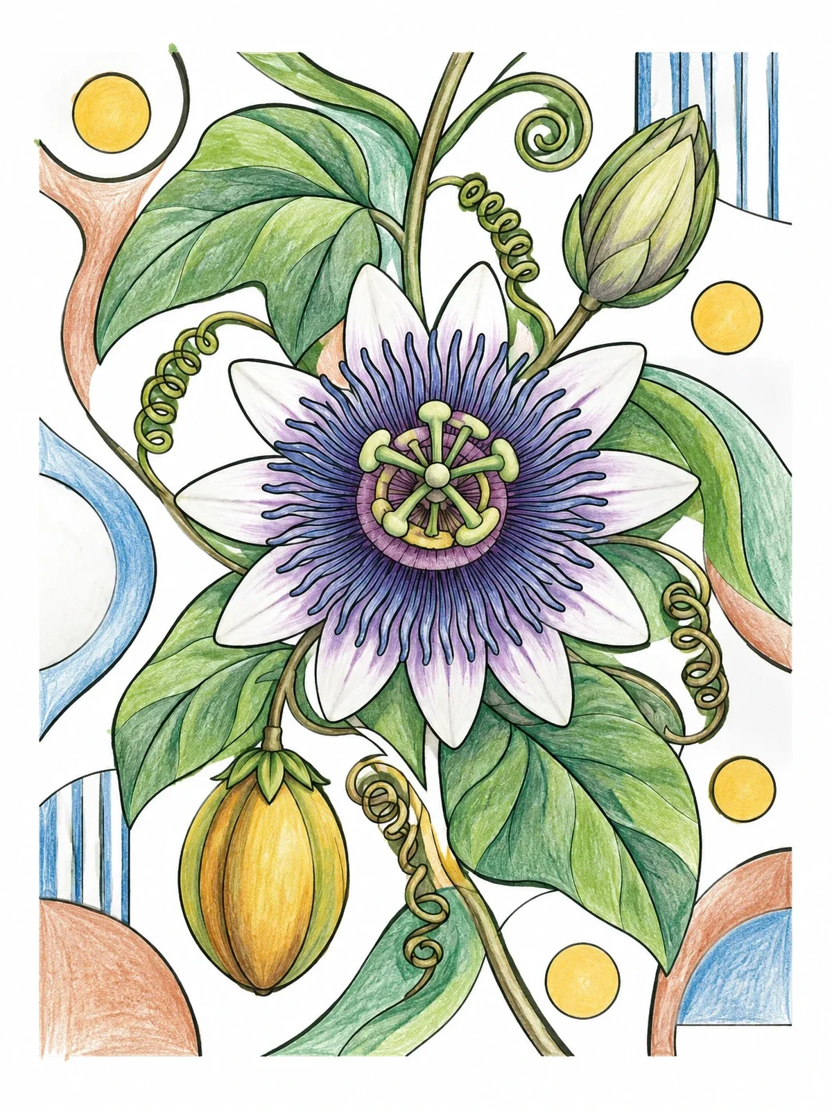 Colored example of the Detailed Passion Flower Blossom And Tendrils coloring page