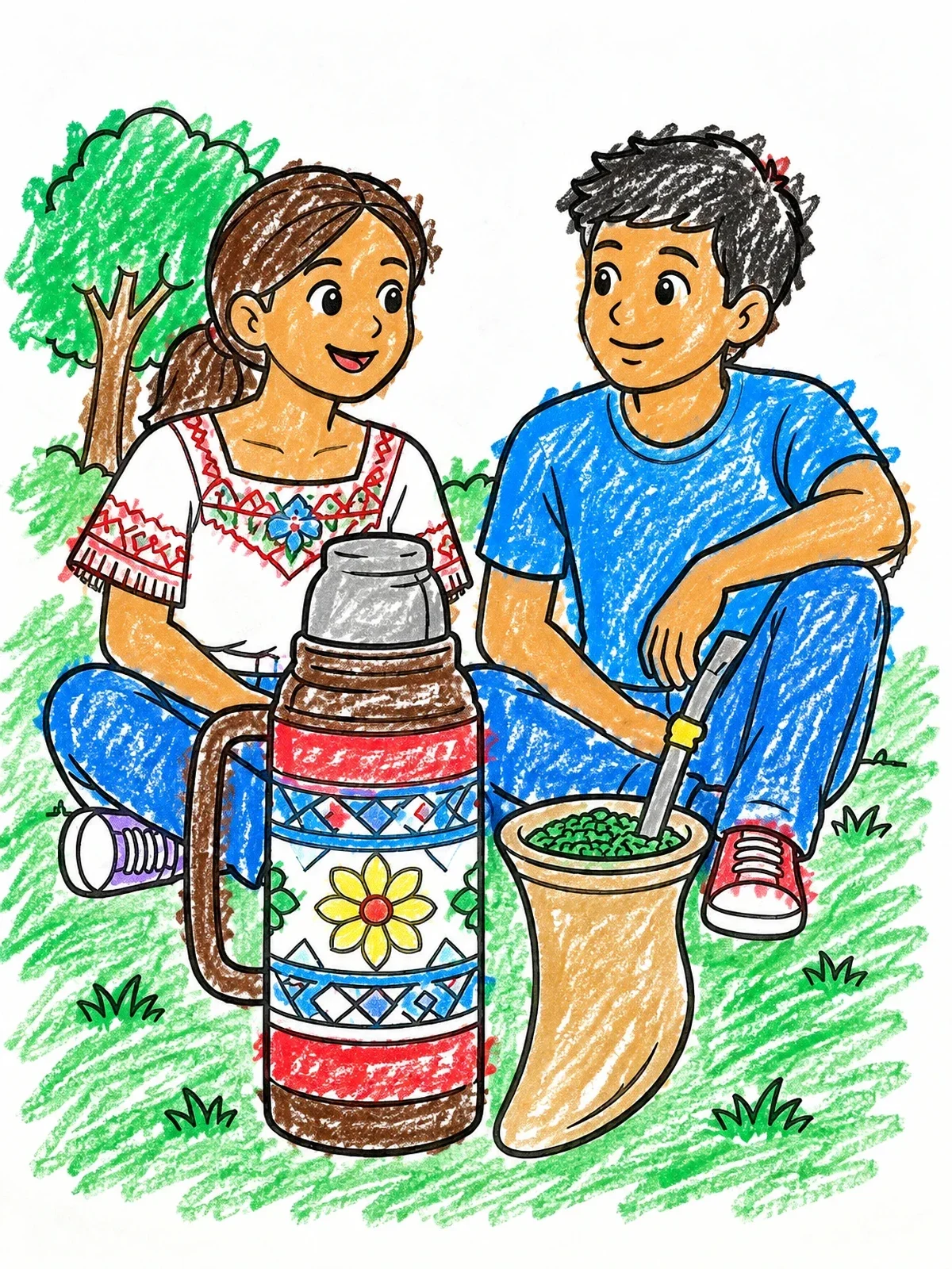 Colored example of the Friends Sharing Terere Outdoors coloring page