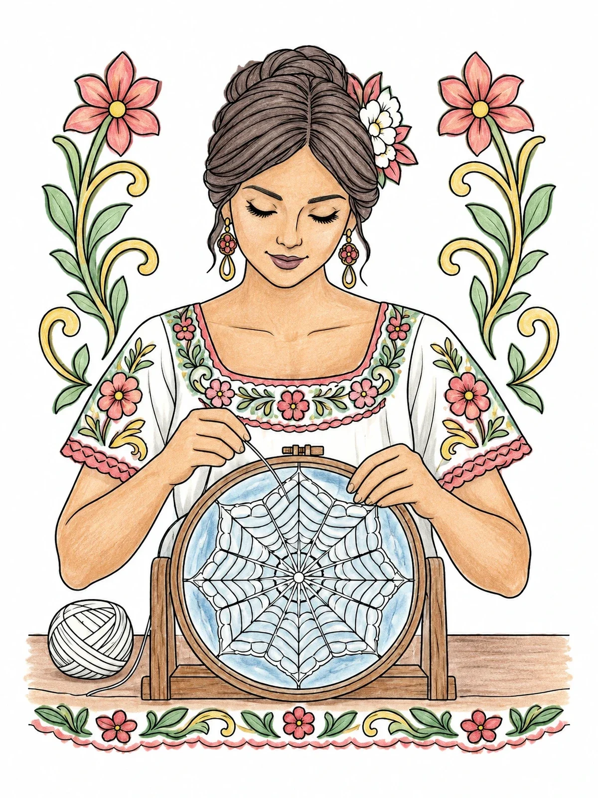 Colored example of the Paraguayan Artisan Crafting Nanduti Lace coloring page
