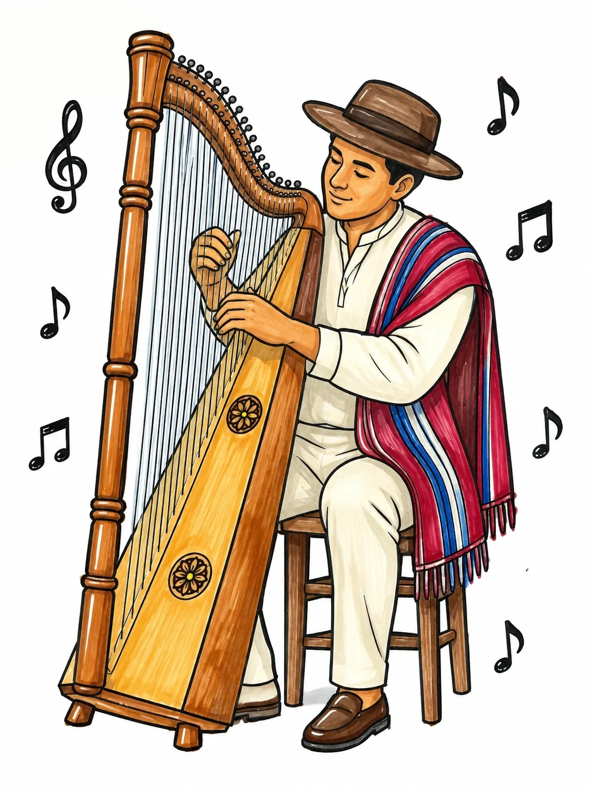 Colored example of the Traditional Paraguayan Harp Musician coloring page