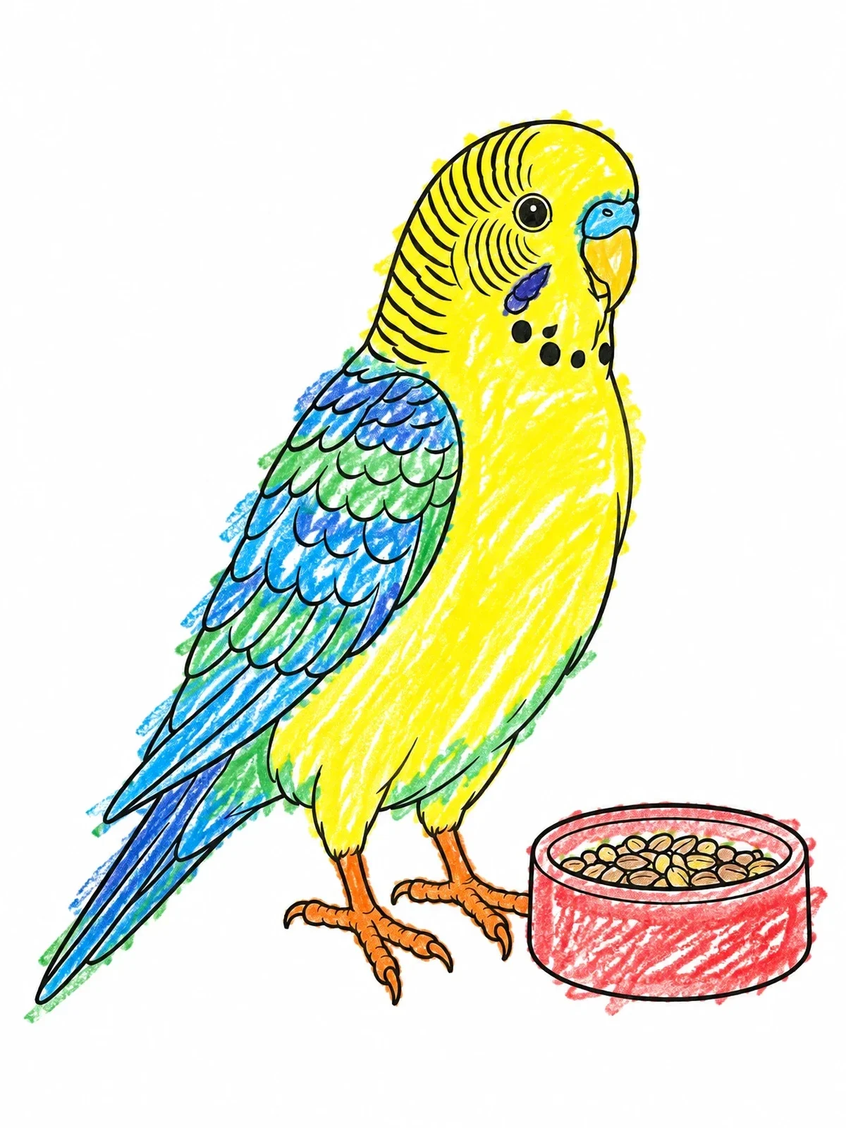 Colored example of the Parakeet Beside A Seed Bowl coloring page