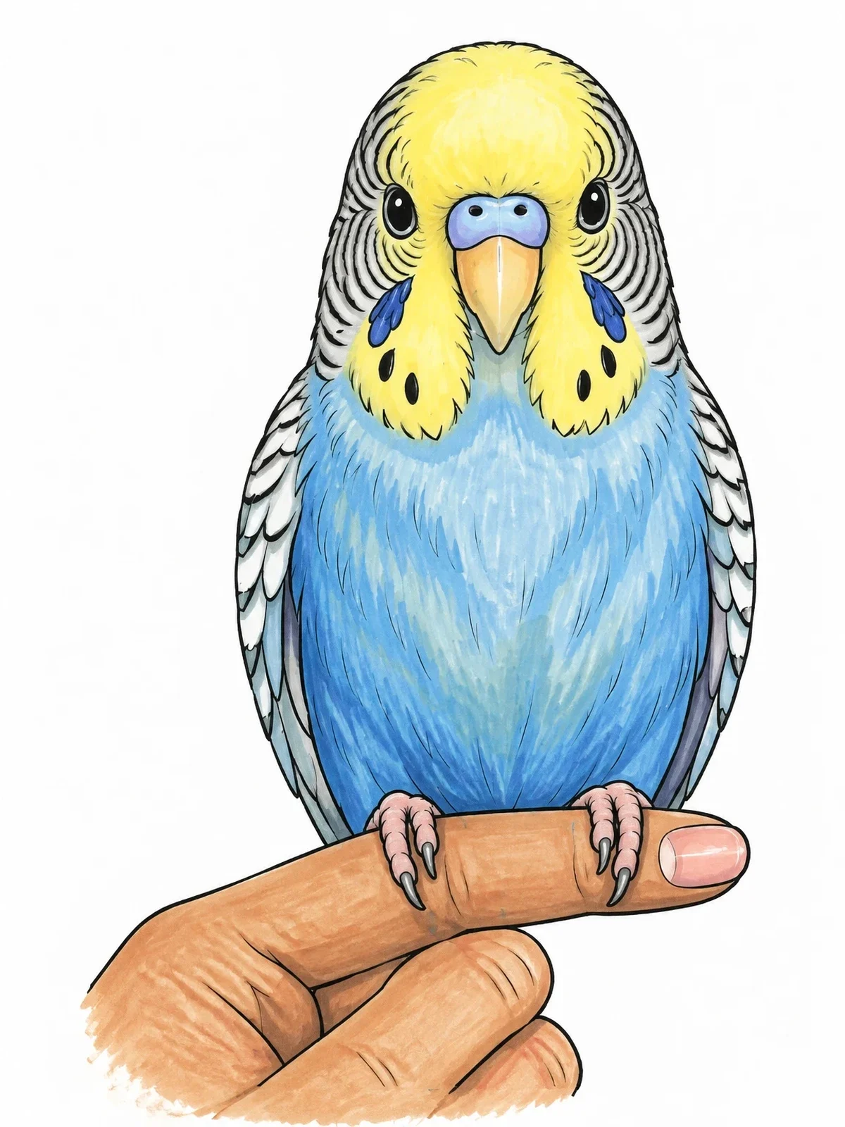 Colored example of the Budgie Perched On An Outstretched Finger coloring page