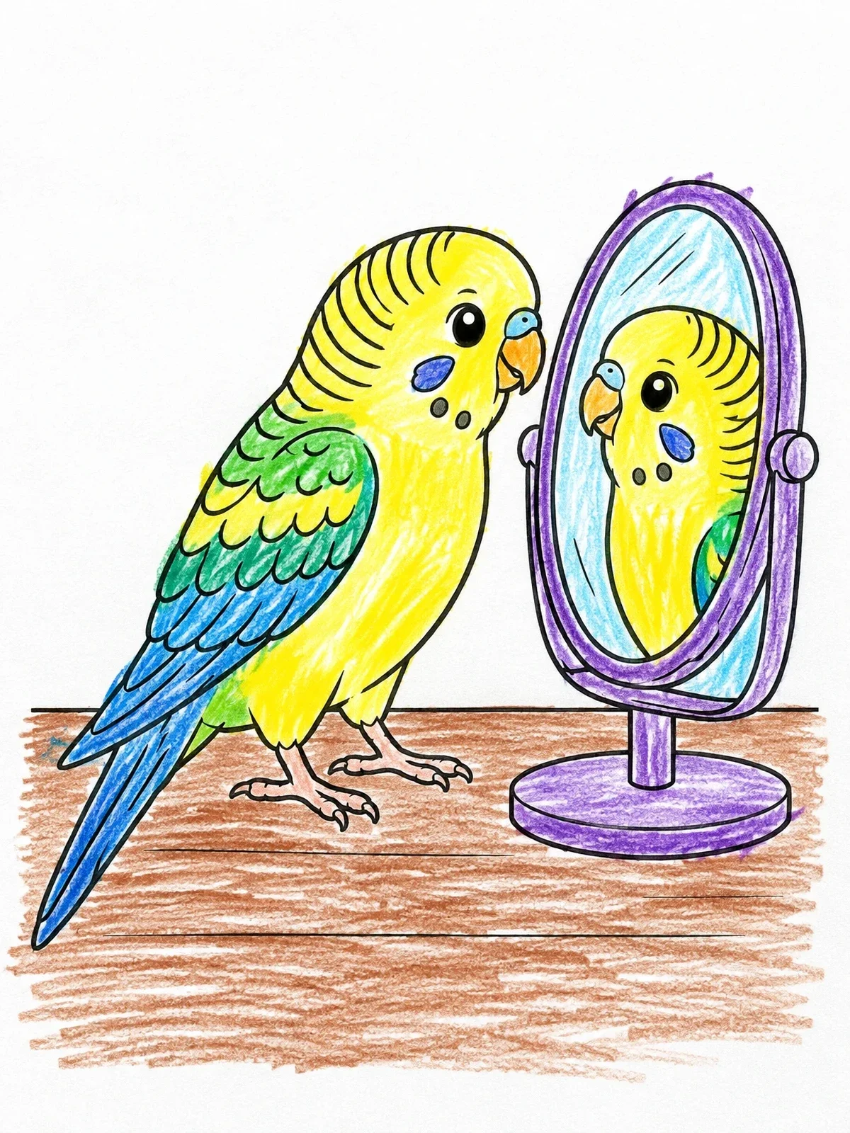 Colored example of the Curious Budgie Looking In Mirror coloring page