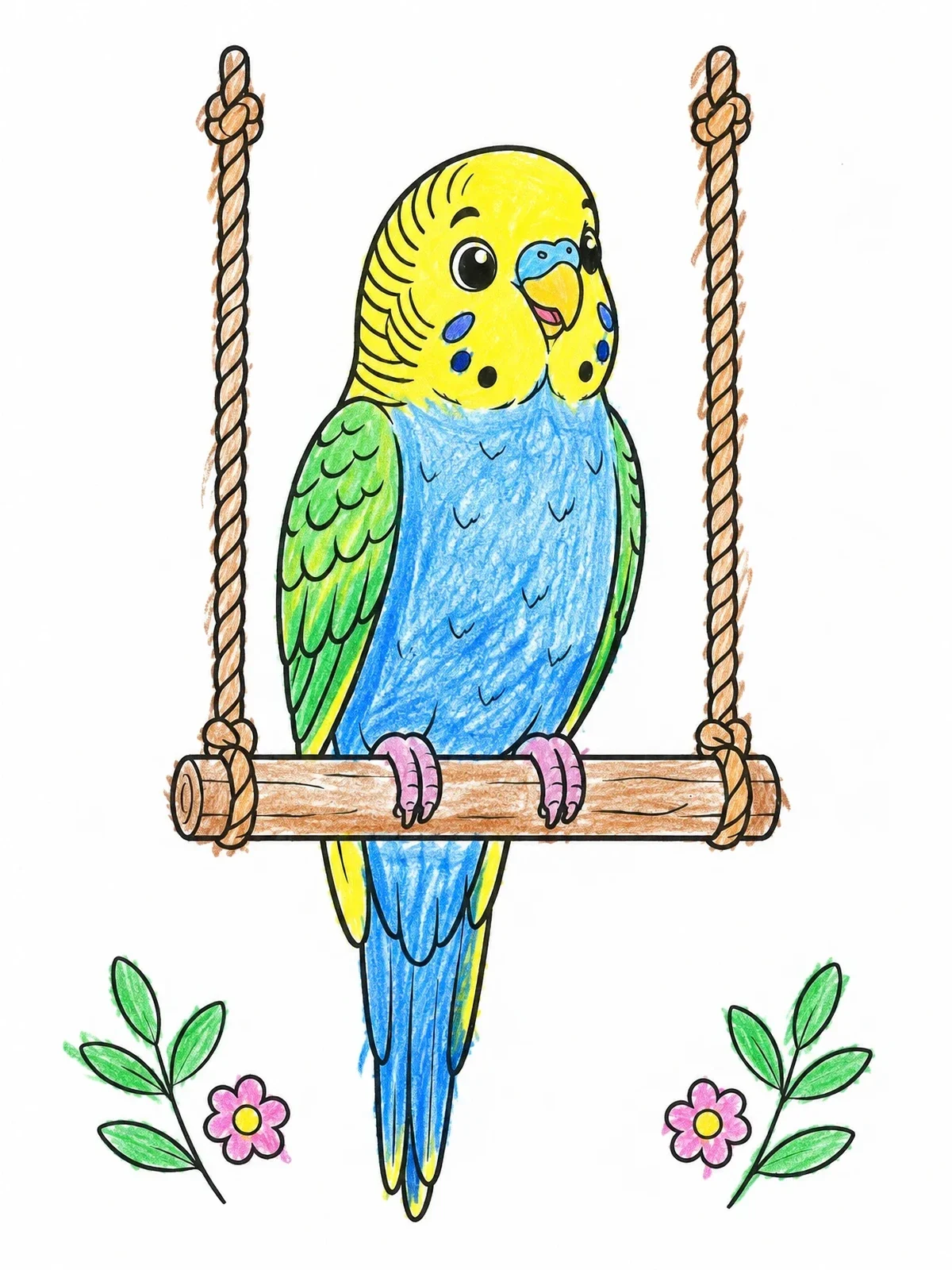 Colored example of the Cute Budgie On A Rope Swing coloring page