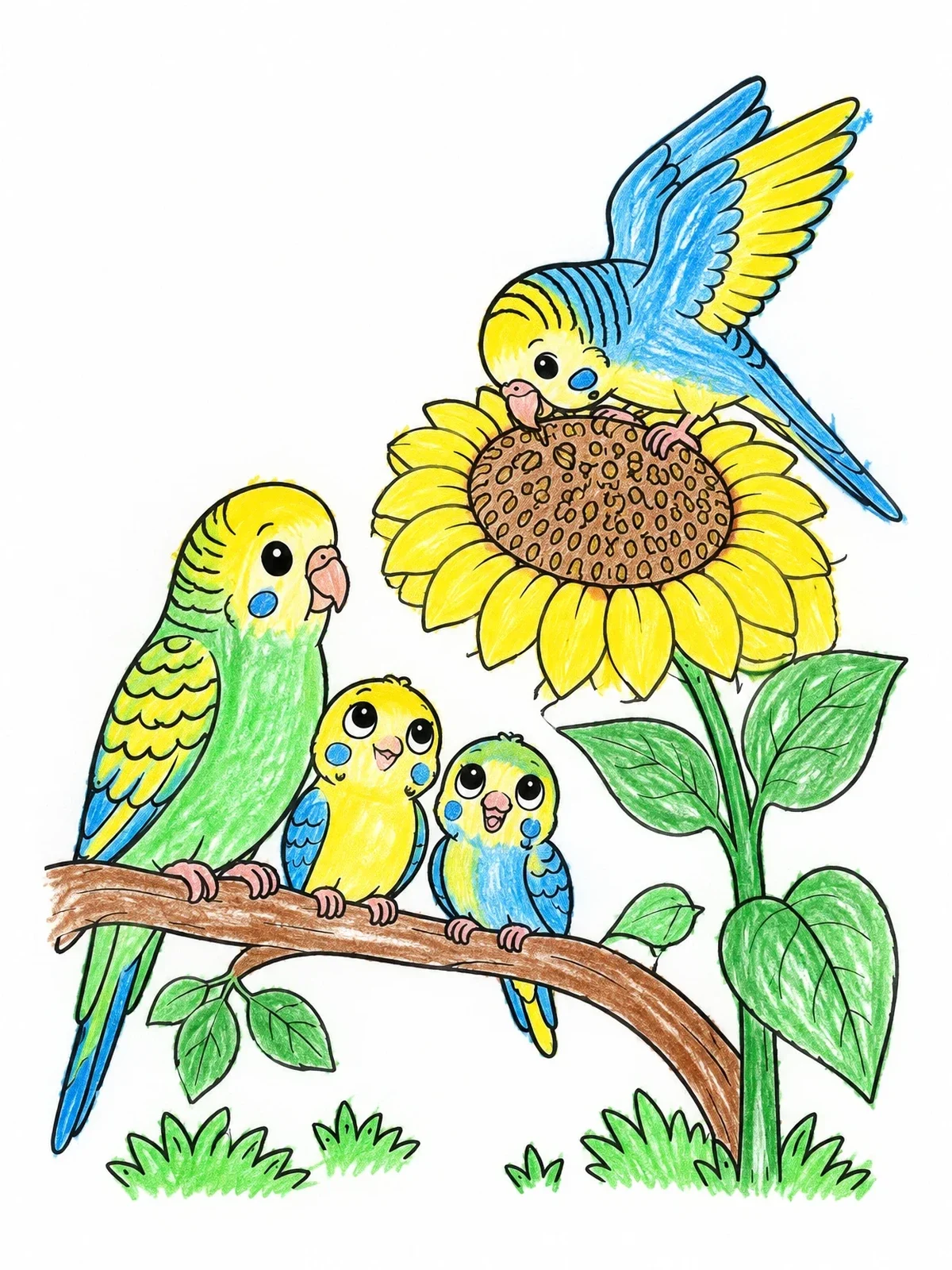 Colored example of the Parakeet Family And Big Sunflower coloring page