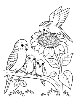 Free printable Parakeet Family And Big Sunflower coloring page