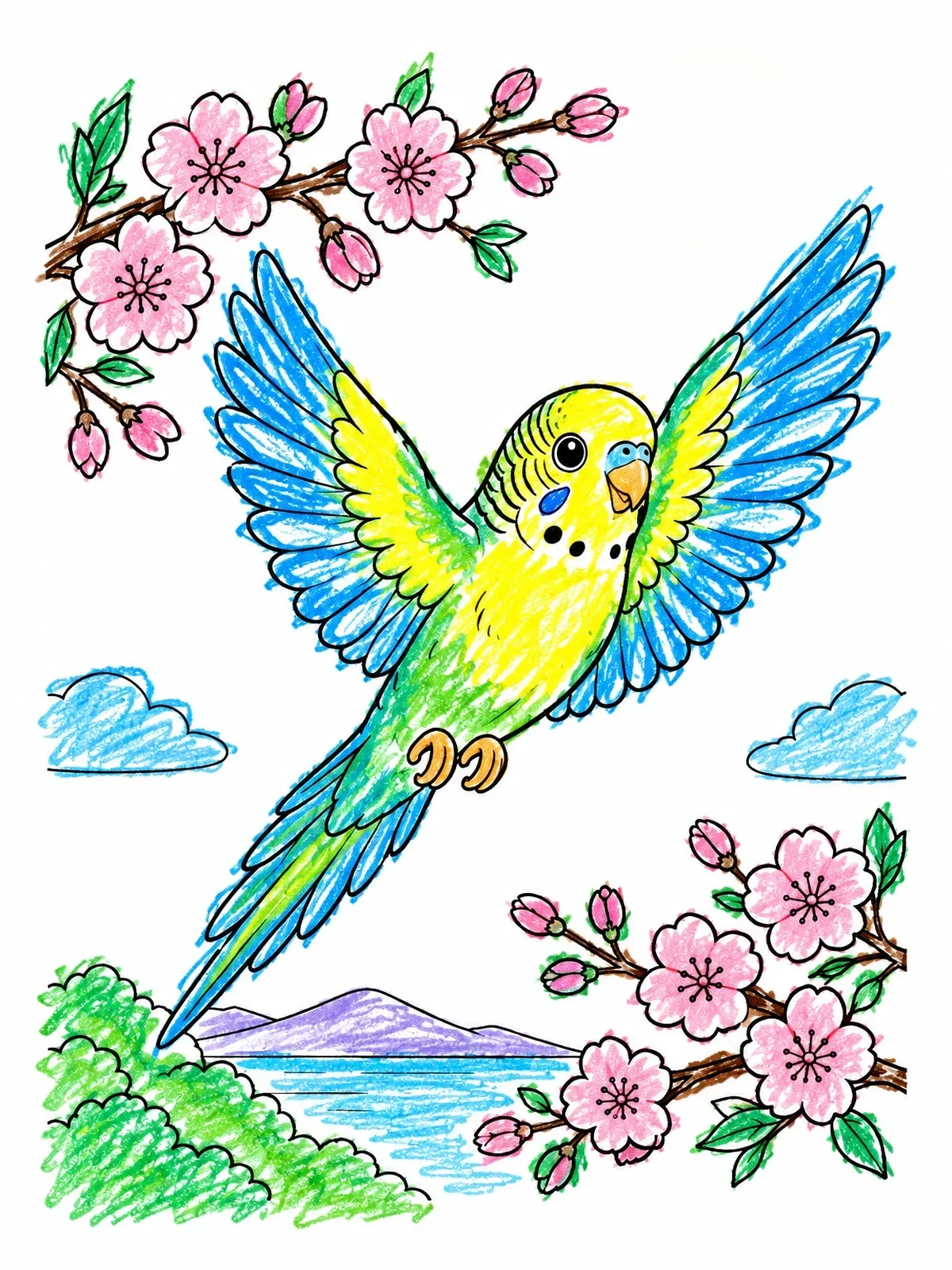 Colored example of the Parakeet Flying Among Cherry Blossoms coloring page