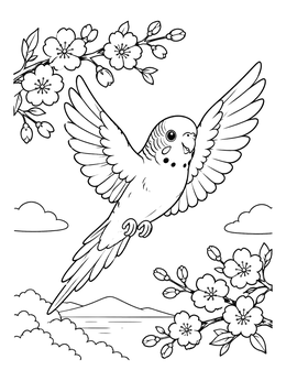 Free printable Parakeet Flying Among Cherry Blossoms coloring page