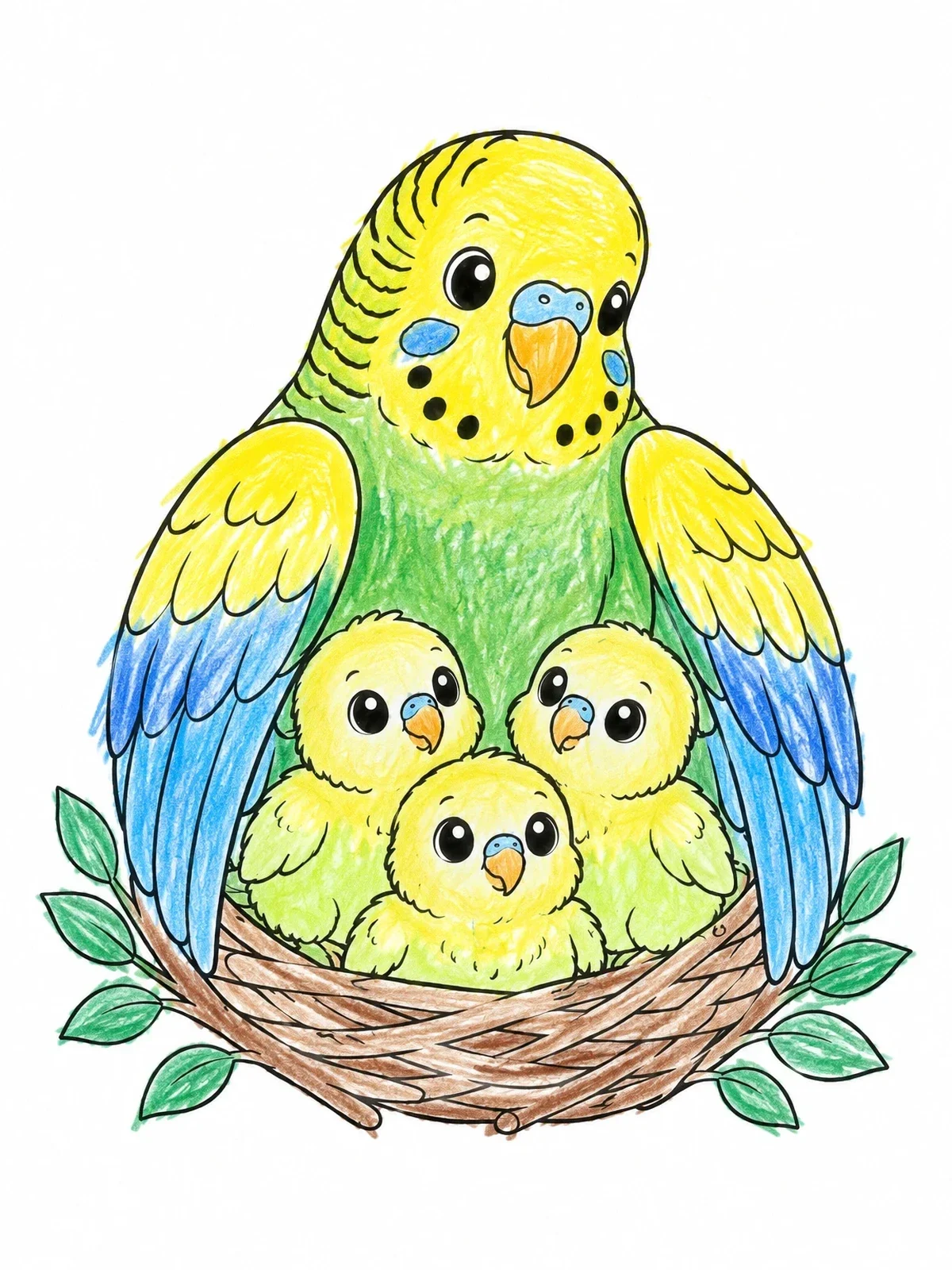 Colored example of the Parakeet Mother With Cute Chicks coloring page