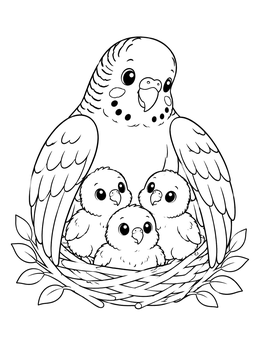 Free printable Parakeet Mother With Cute Chicks coloring page