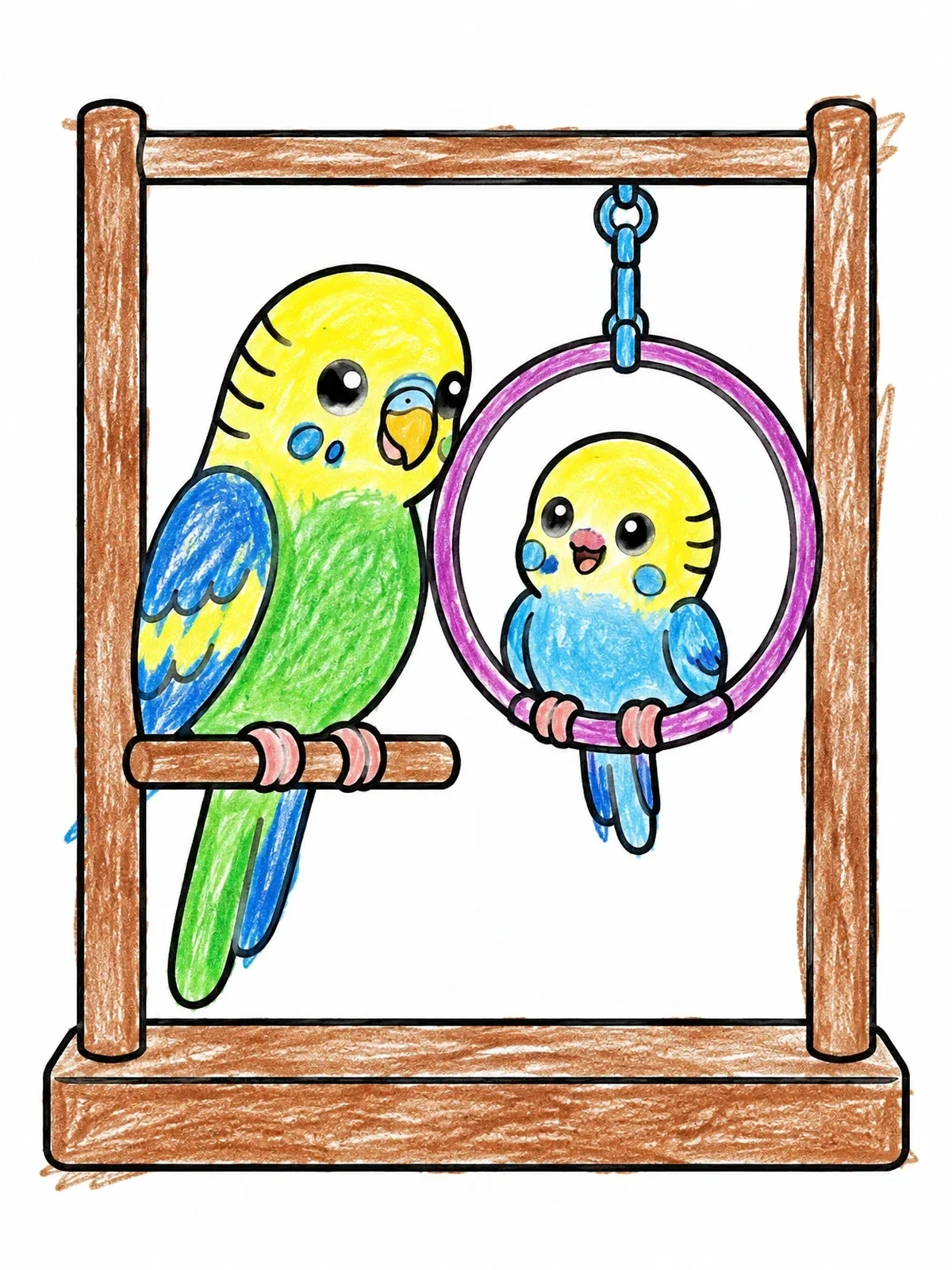 Colored example of the Parakeet And Friend On Play Stand coloring page