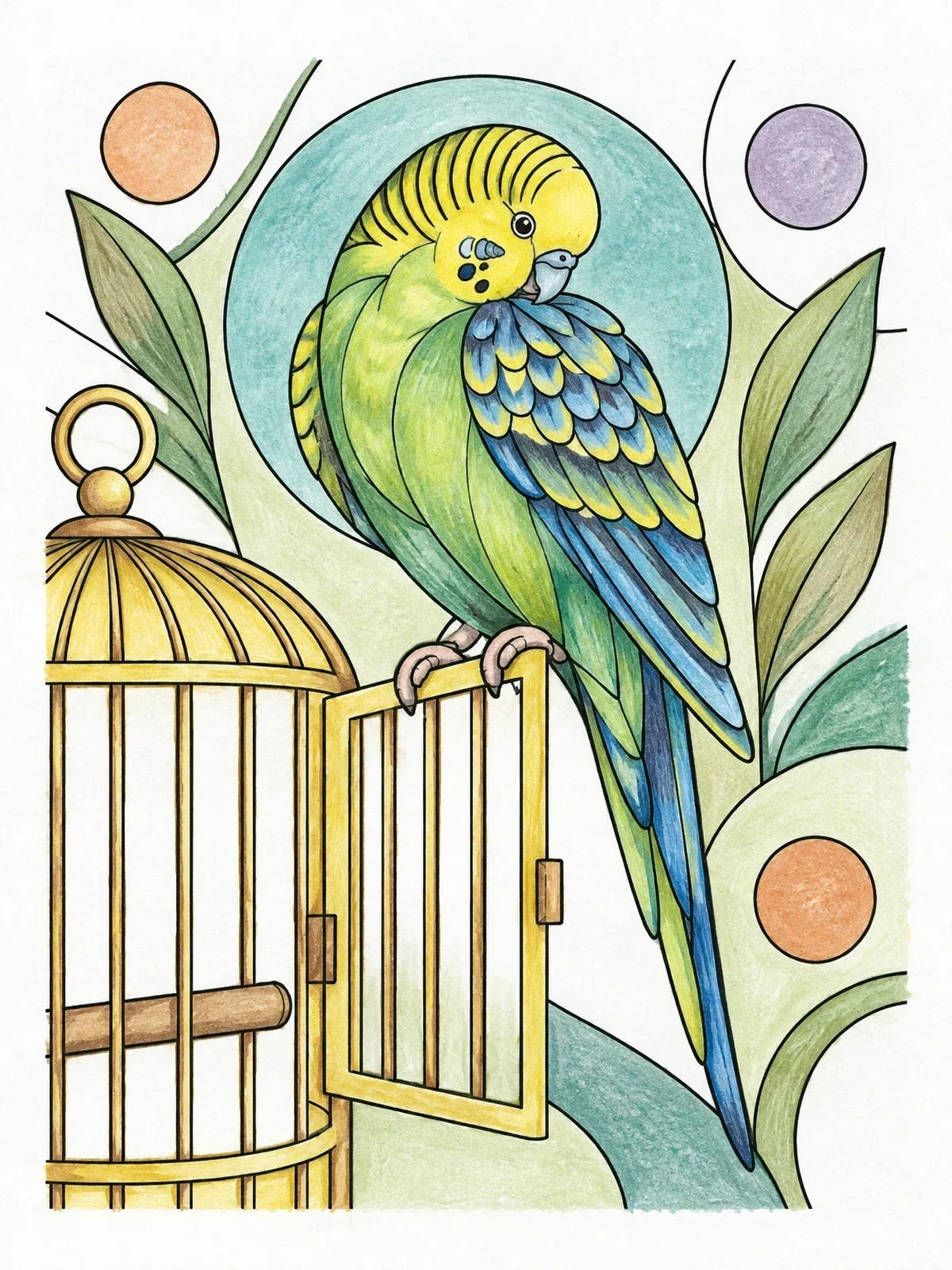 Colored example of the Parakeet Preening On Open Cage Door coloring page