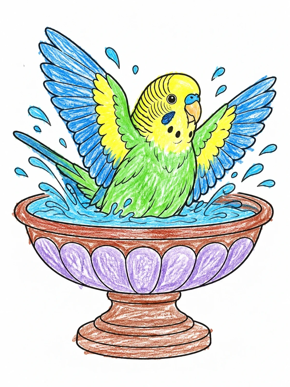 Colored example of the Parakeet Splashing In A Bird Bath coloring page