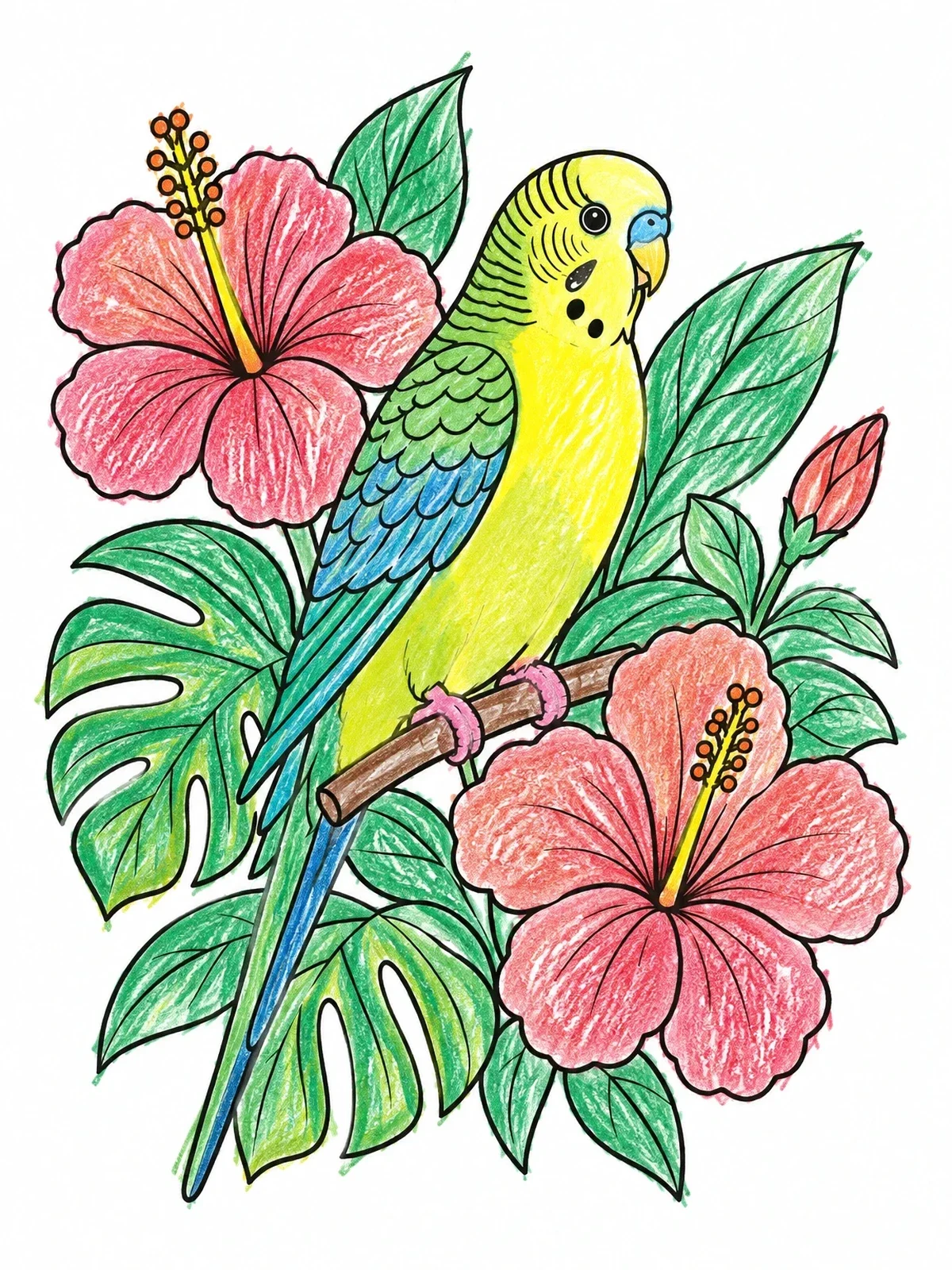 Colored example of the Parakeet With Tropical Hibiscus Flowers coloring page