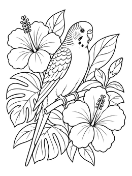 Free printable Parakeet With Tropical Hibiscus Flowers coloring page