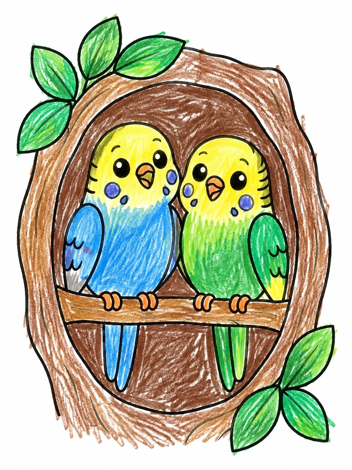 Colored example of the Two Budgies In A Tree Hollow coloring page