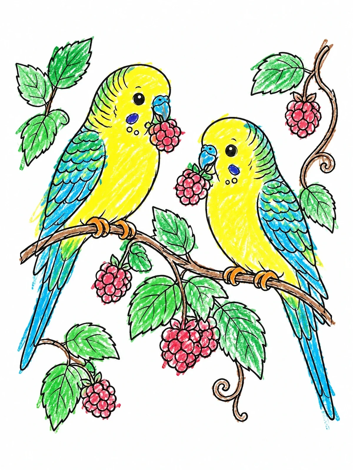 Colored example of the Pair Of Parakeets Eating Berries coloring page