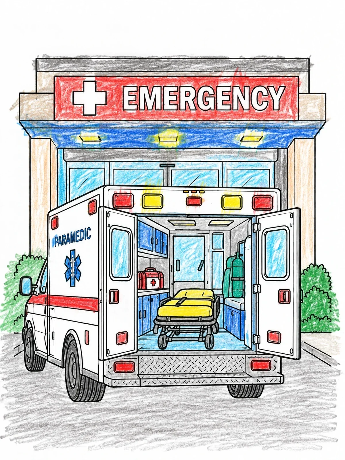Colored example of the Paramedic Ambulance At The Emergency Entrance coloring page