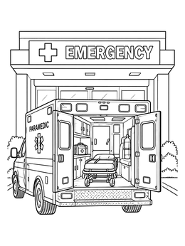 An open paramedic ambulance coloring page parked outside a hospital emergency room entrance.