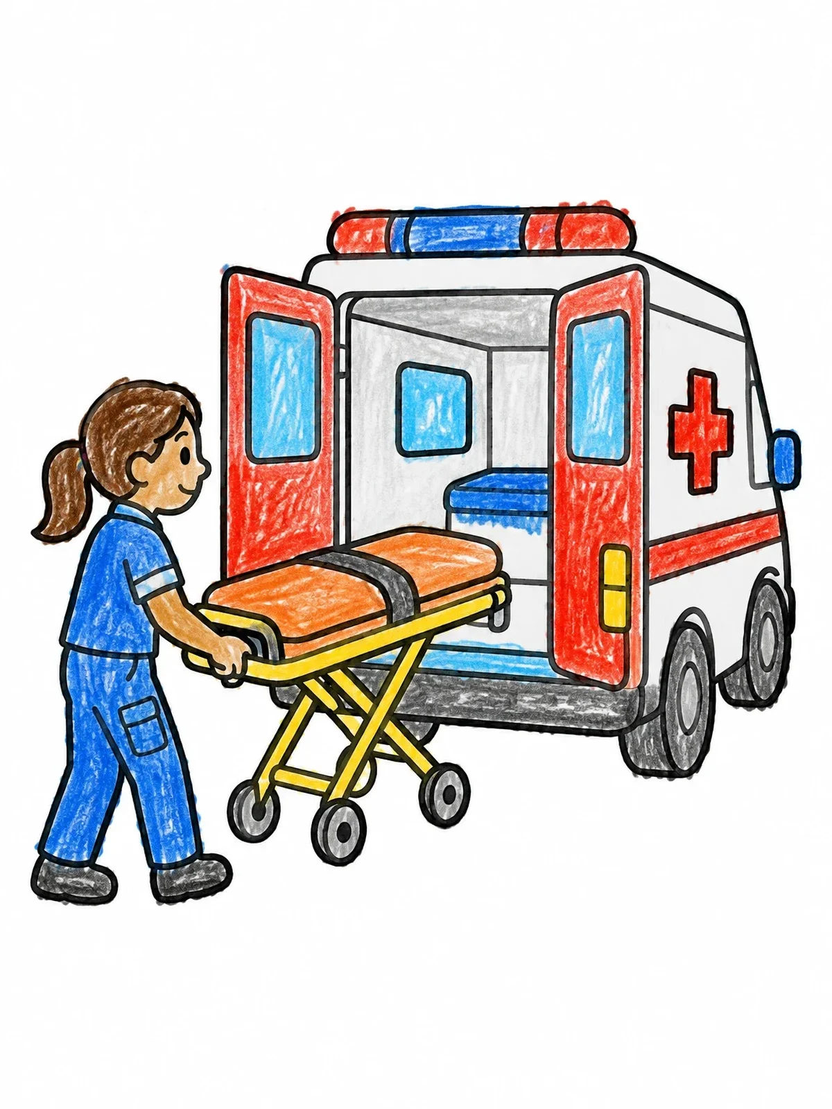 Colored example of the Paramedic Rolling Stretcher To Ambulance coloring page