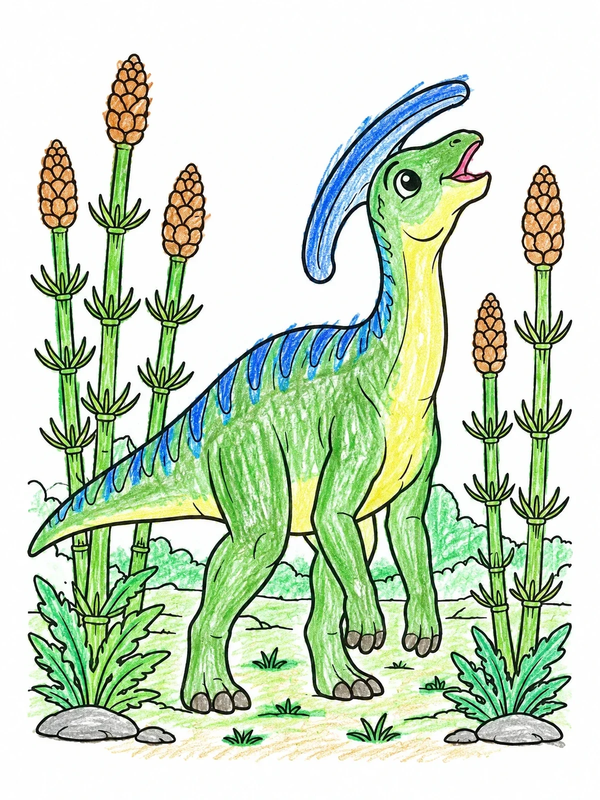 Colored example of the Parasaurolophus Calling In Prehistoric Nature coloring page