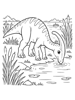 A peaceful parasaurolophus coloring page featuring a dinosaur drinking water by reeds and lily pads.
