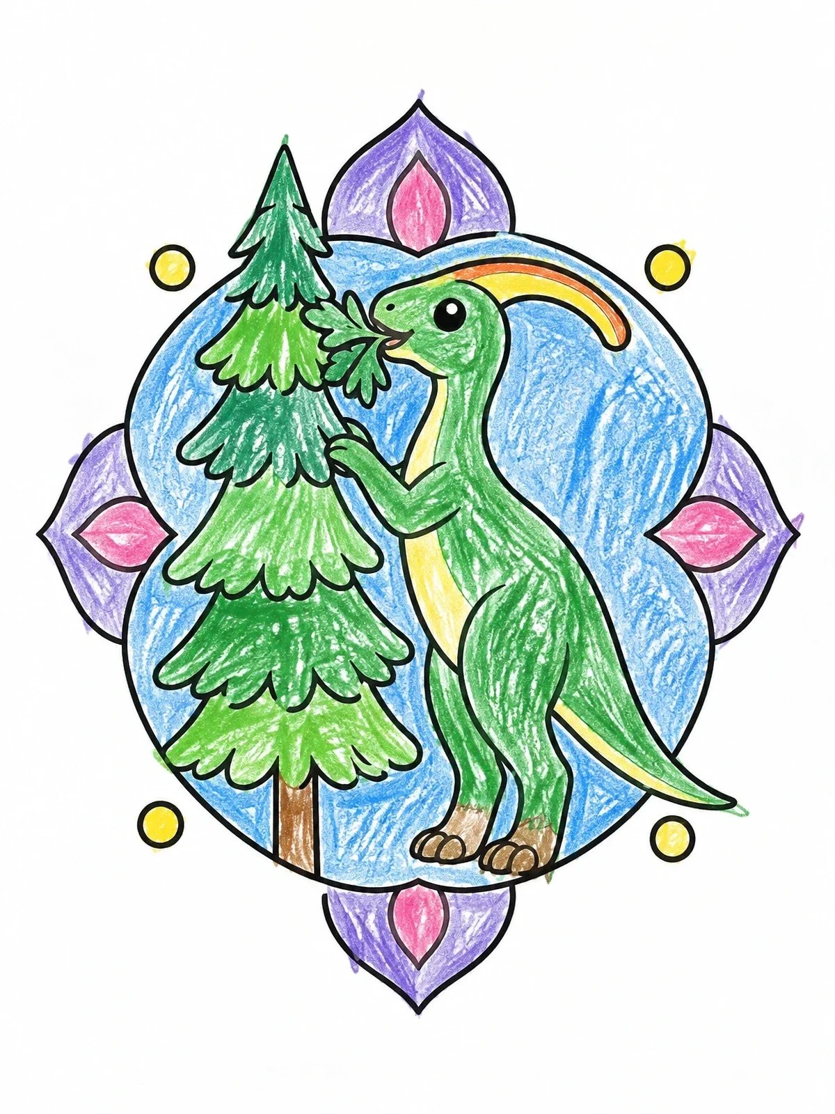 Colored example of the Parasaurolophus Nibbling On A Pine Tree coloring page